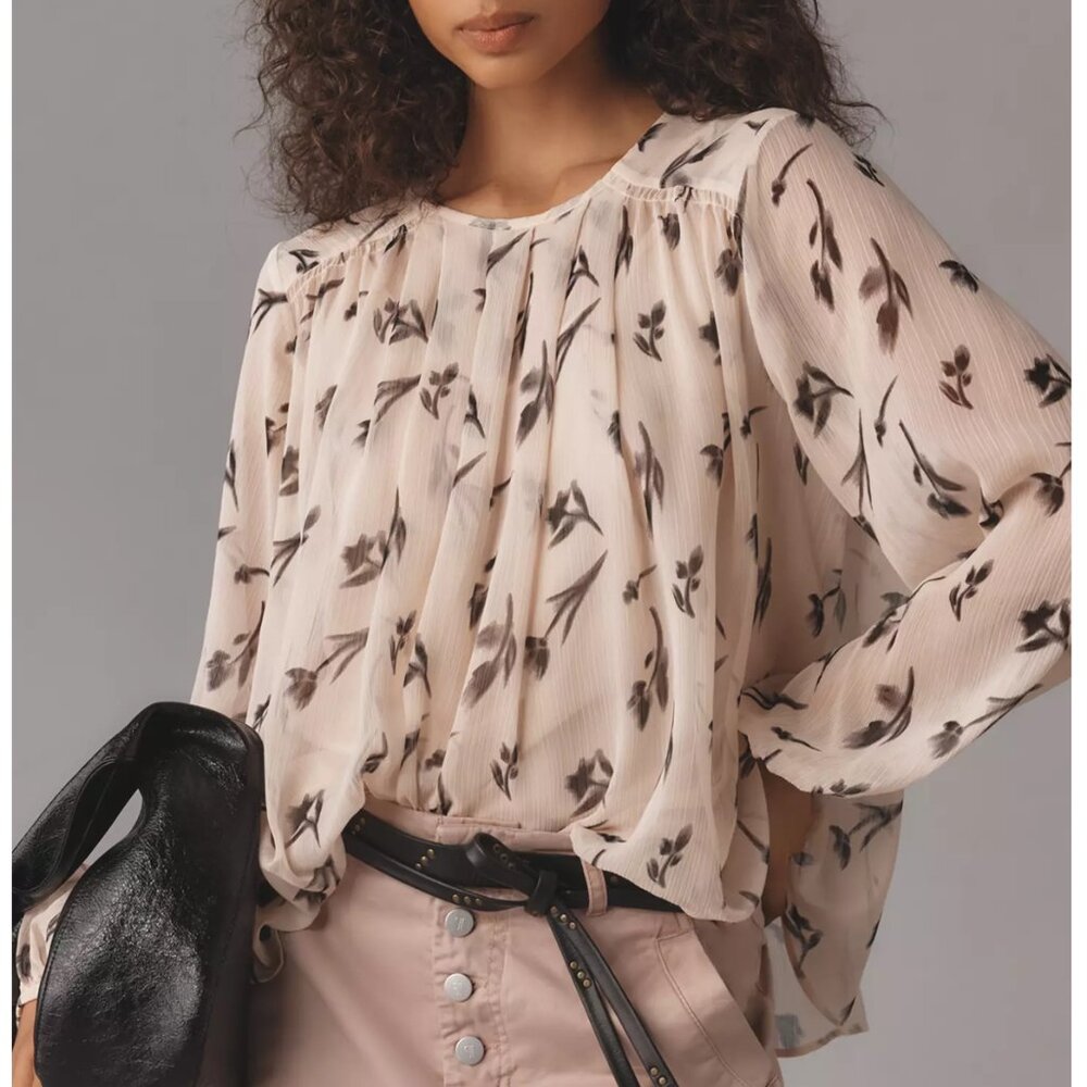 Anthropologie Maeve Floral Long-Sleeve Pleated Peasant Blouse XL *With Flaw*